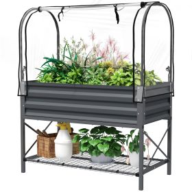 Raised Garden Bed with Legs and Cover, Metal Elevated Planter Box with Bottom Shelf and Liner for Vegetables, Dark Gray