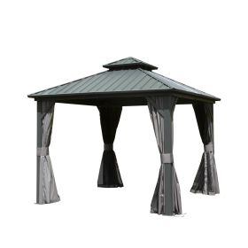 10' X 10' Hardtop Gazebo, Aluminum Metal Gazebo with Galvanized Steel Double Roof Canopy, Curtain and Netting, Permanent Gazebo Pavilion for Pati