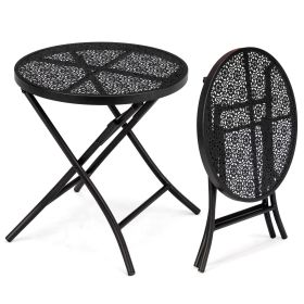 18 inch Folding Patio Side Table, Metal Steel Outdoor Round Coffee Table with Flower Cutouts for Patio Yard Balcony Garden, Black (Color: BLACK)